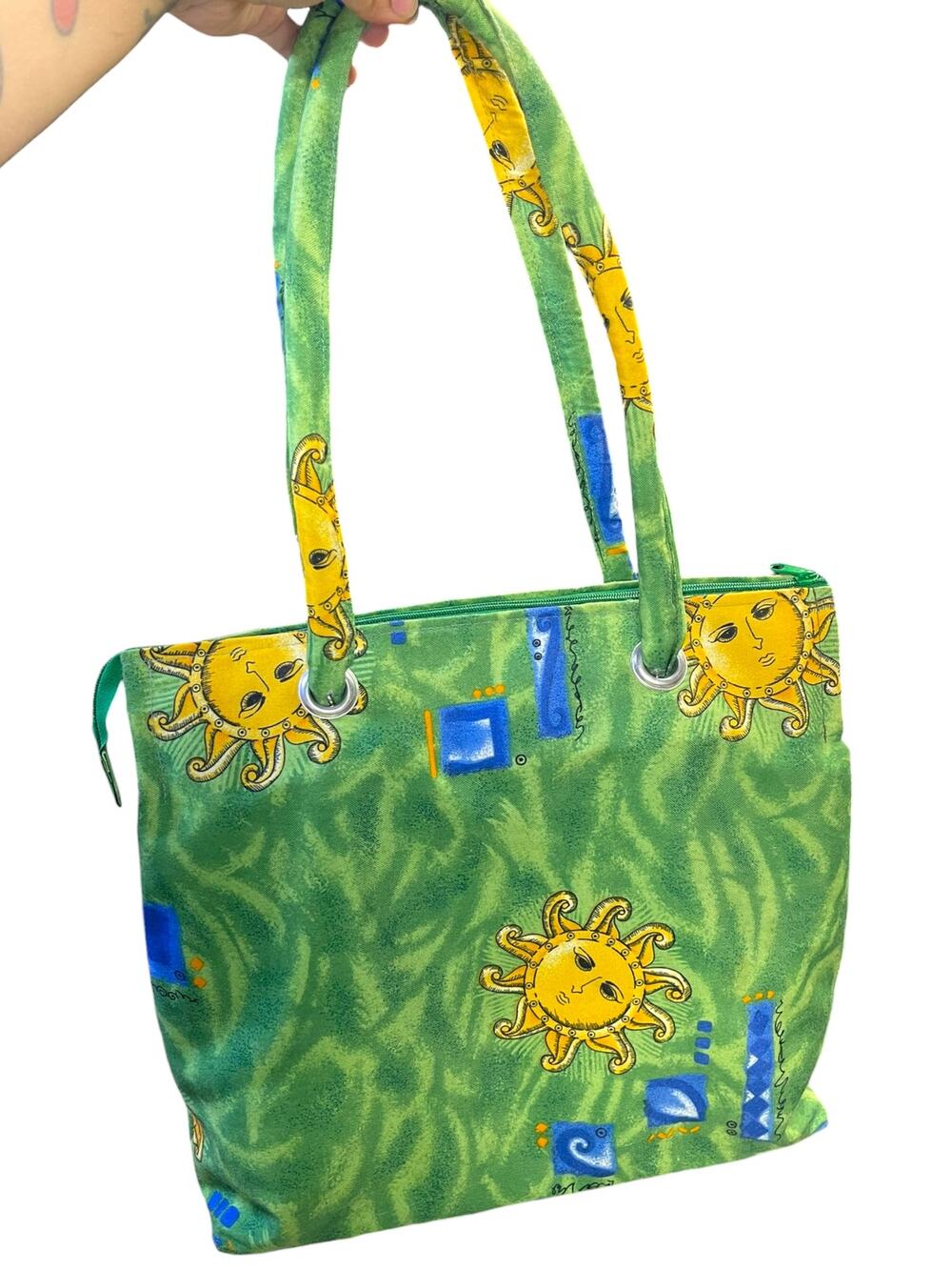 Green Celestial Sun Puerto Vallarta Zip Tote Bag Whimsigoth Y2K Style 15"